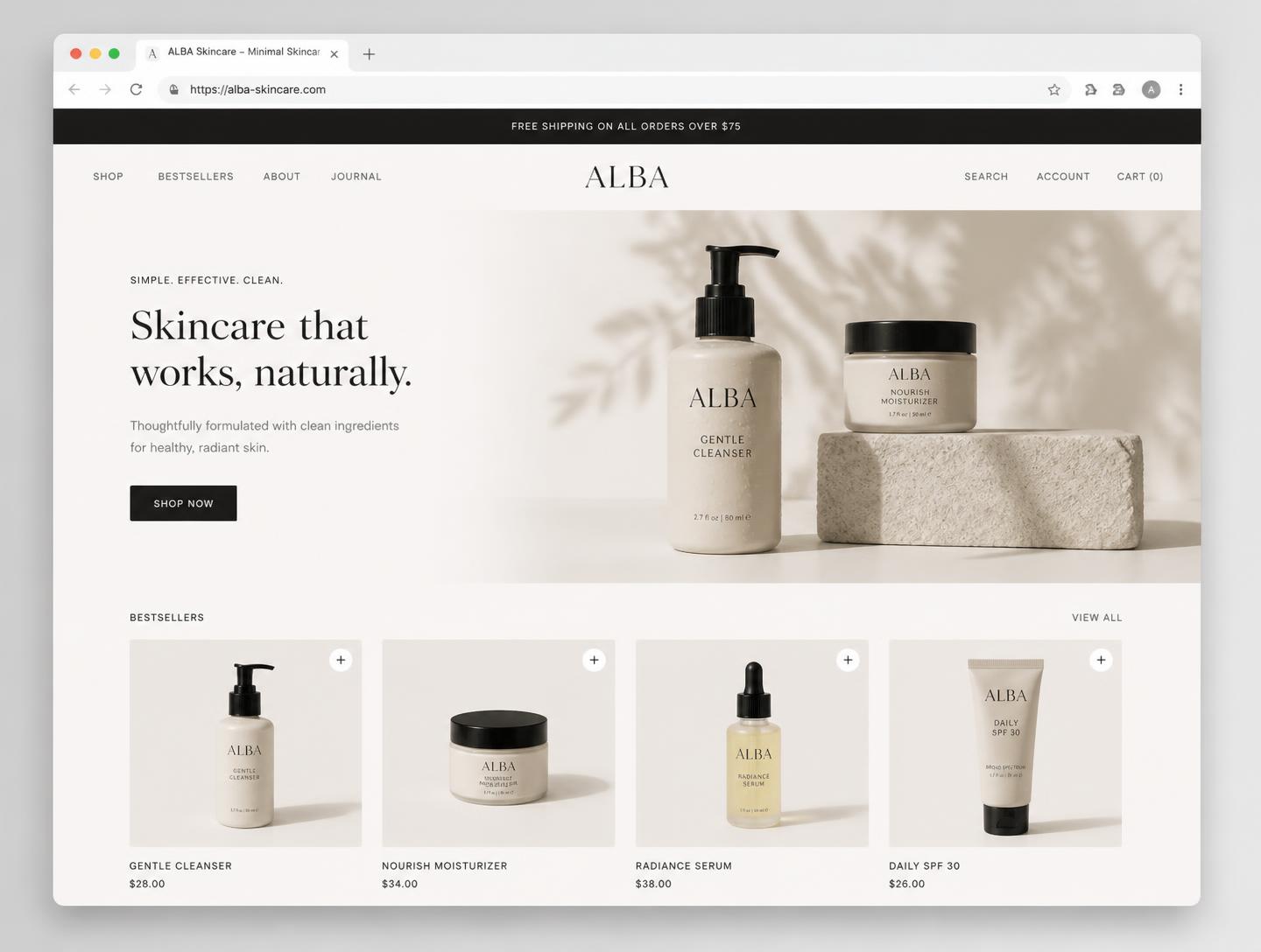 Desktop preview of a minimal skincare Shopify storefront with an editorial hero and product grid