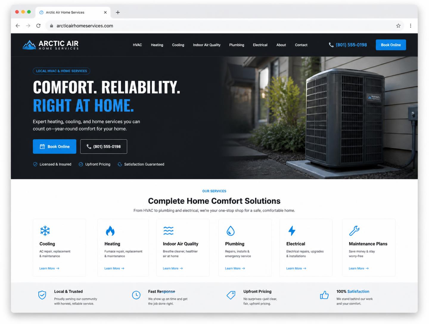 Desktop preview of a local home services website with a bold hero, phone call to action and service grid