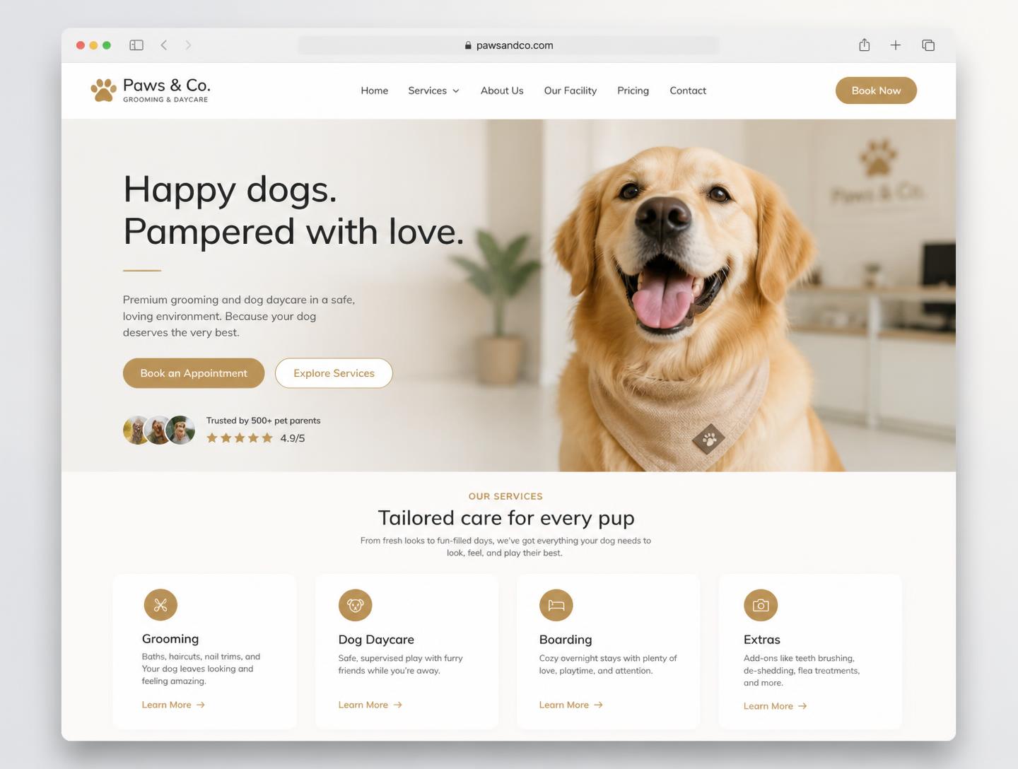 Desktop preview of a pet grooming and daycare website with a hero photo, service cards and booking call to action